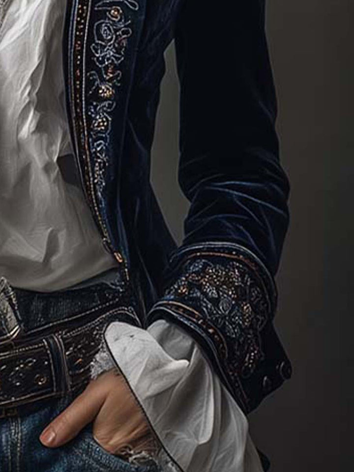 Federica™ | Giacca Lunga Vintage in Velluto Blu Navy con Ricami