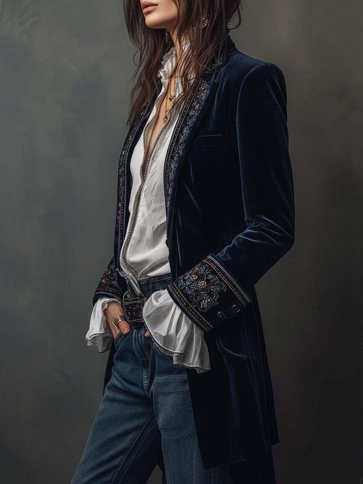 Federica™ | Giacca Lunga Vintage in Velluto Blu Navy con Ricami