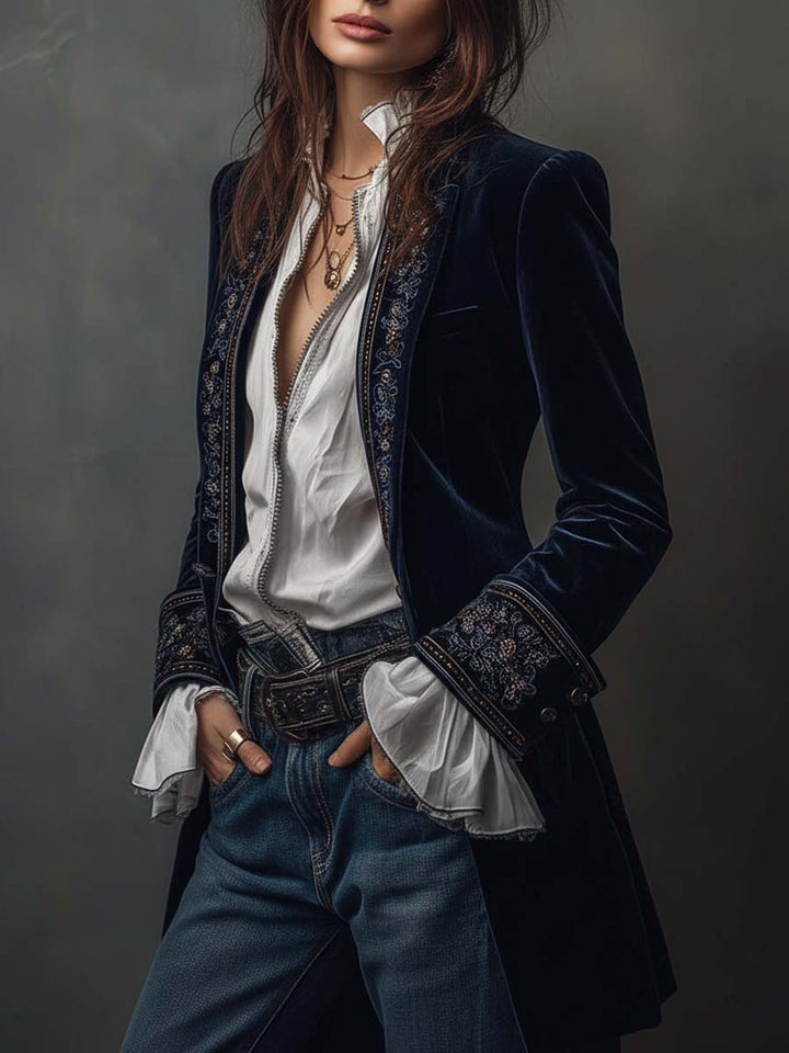 Federica™ | Giacca Lunga Vintage in Velluto Blu Navy con Ricami