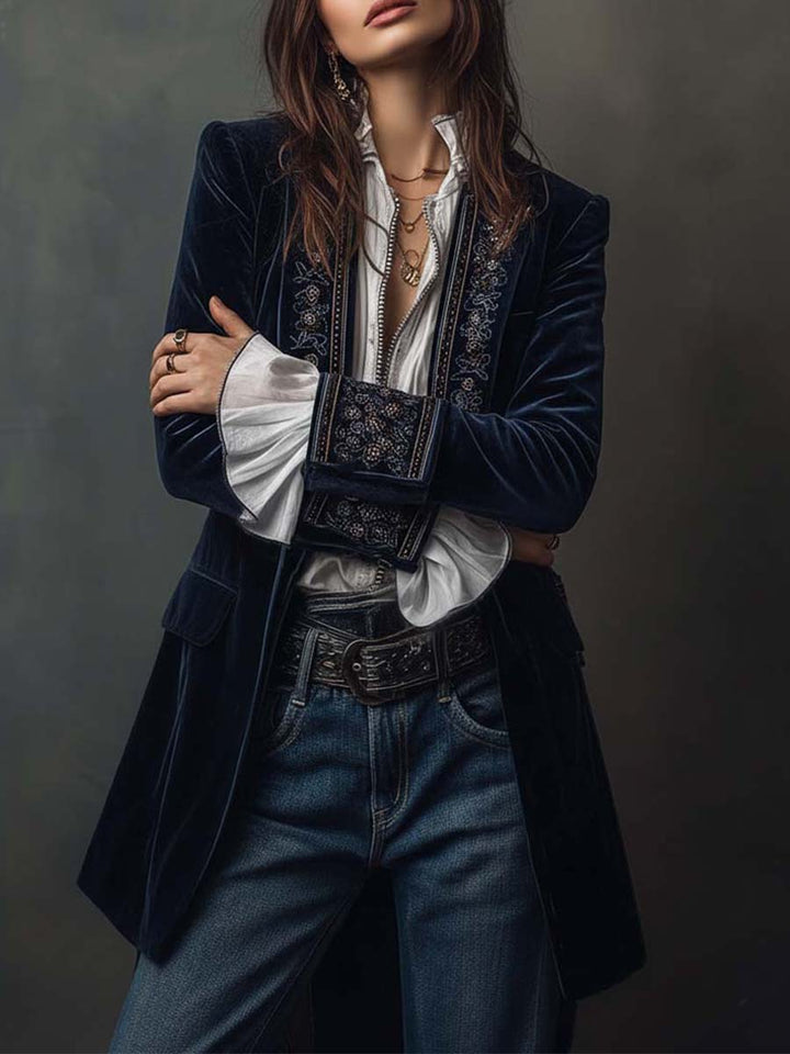 Federica™ | Giacca Lunga Vintage in Velluto Blu Navy con Ricami