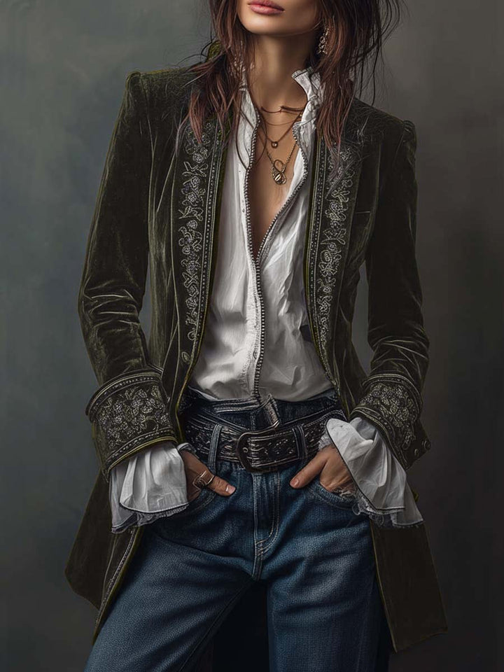 Federica™ | Giacca Lunga Vintage in Velluto Blu Navy con Ricami