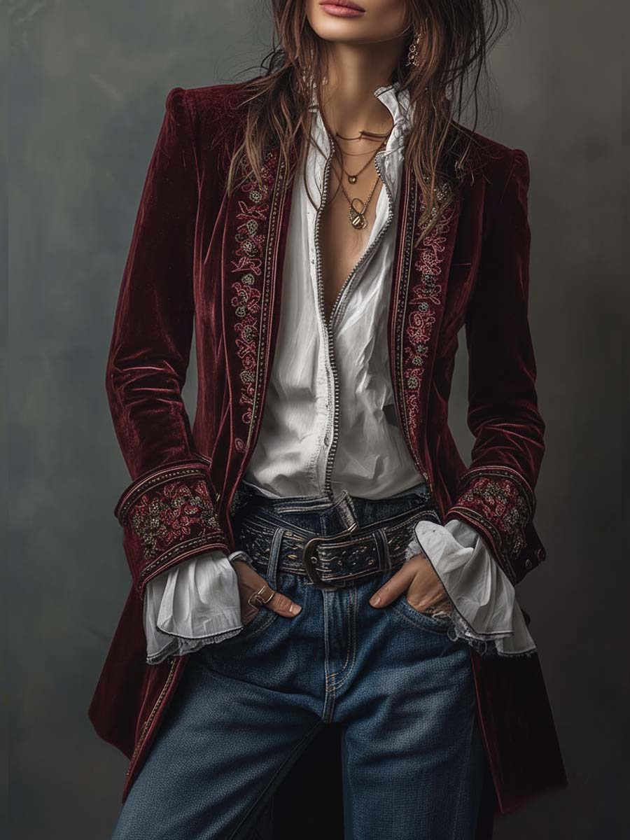 Federica™ | Giacca Lunga Vintage in Velluto Blu Navy con Ricami