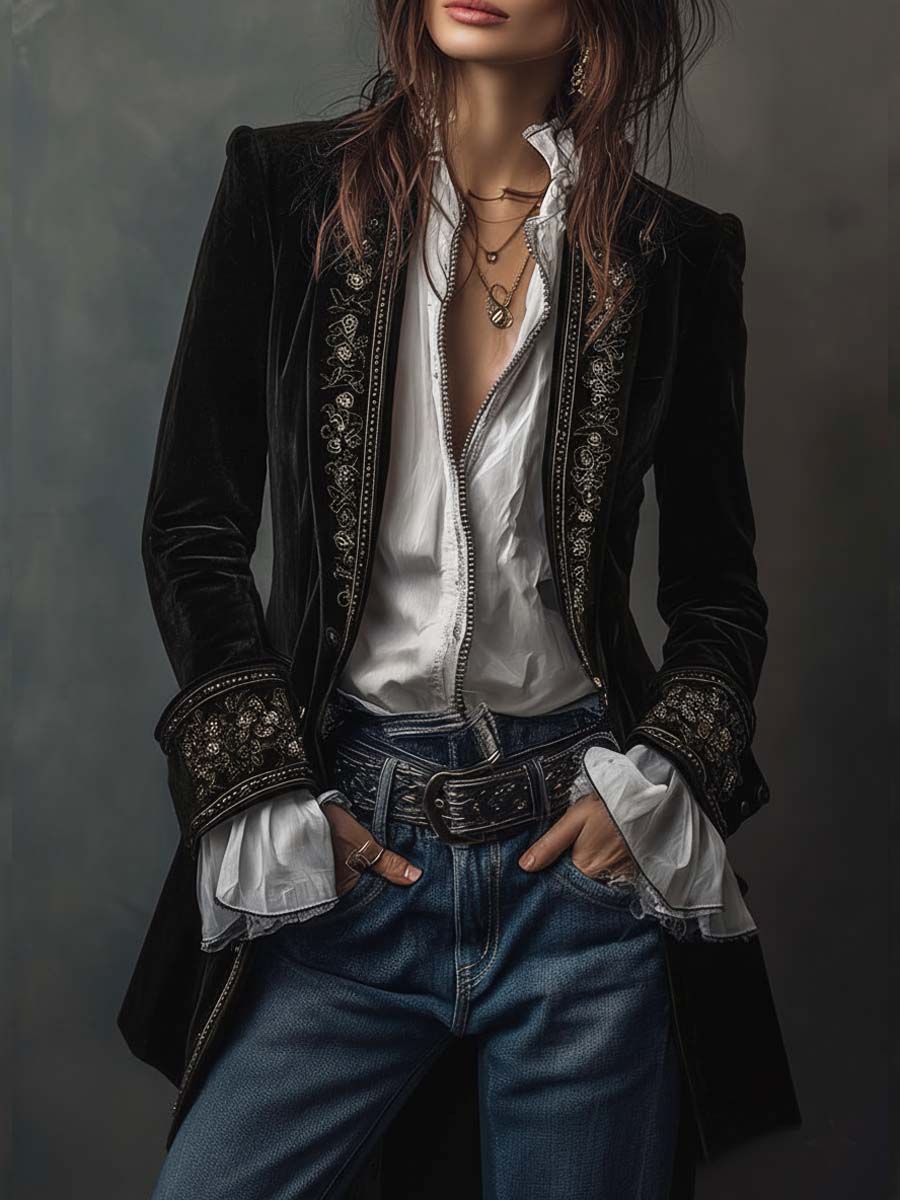 Federica™ | Giacca Lunga Vintage in Velluto Blu Navy con Ricami