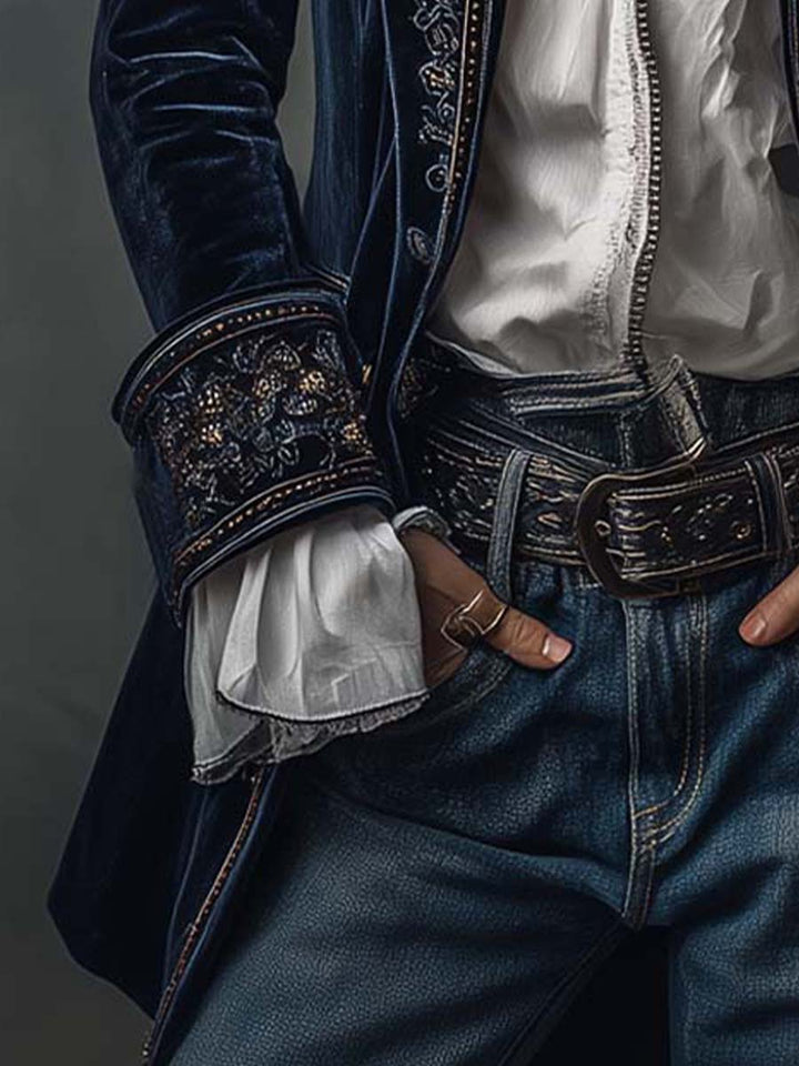 Federica™ | Giacca Lunga Vintage in Velluto Blu Navy con Ricami