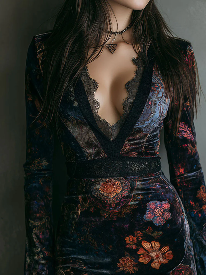 Lunori™ | Abito Mini in Velluto Floreale Sofia