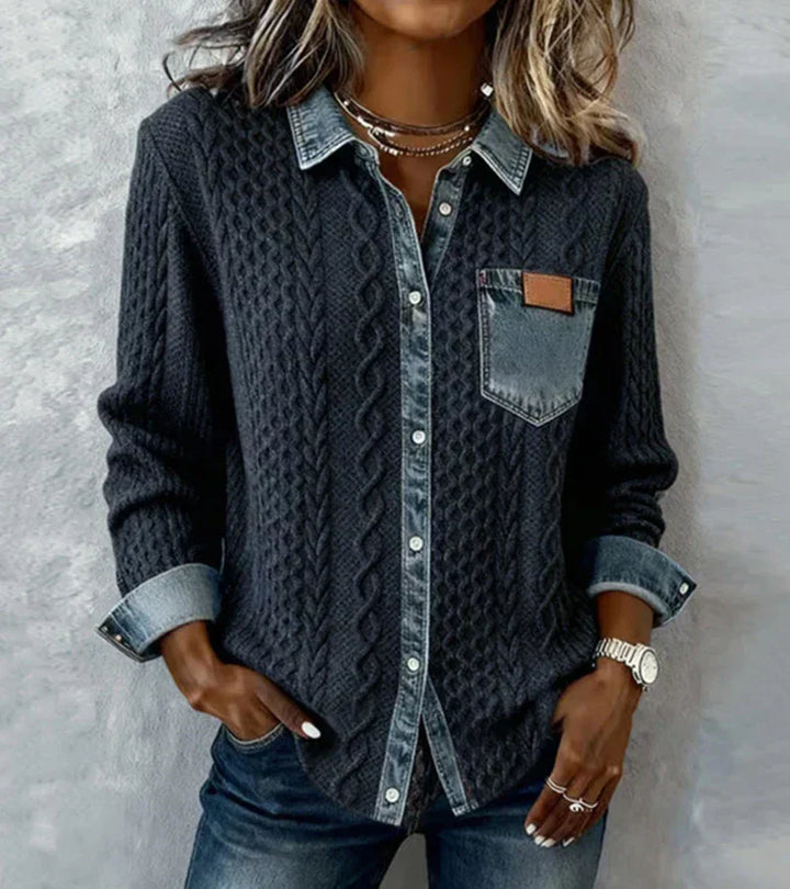 AMBRA - Top in Maglia Patchwork con Dettagli Denim