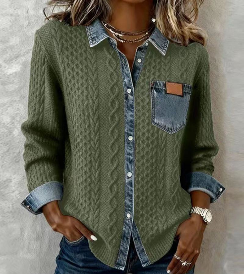 AMBRA - Top in Maglia Patchwork con Dettagli Denim