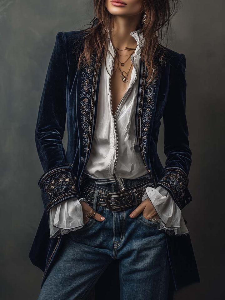 Federica™ | Giacca Lunga Vintage in Velluto Blu Navy con Ricami