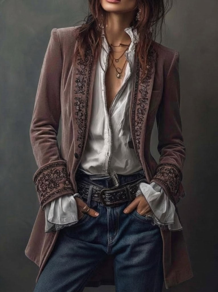 Federica™ | Giacca Lunga Vintage in Velluto Blu Navy con Ricami