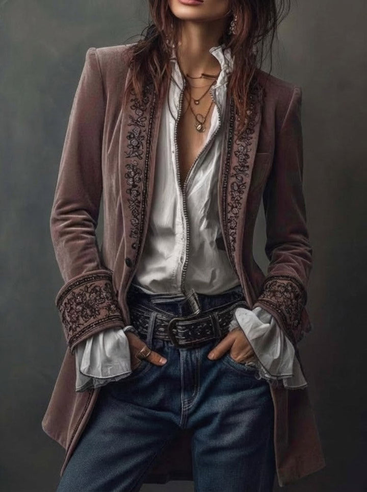 Federica™ | Giacca Lunga Vintage in Velluto Blu Navy con Ricami