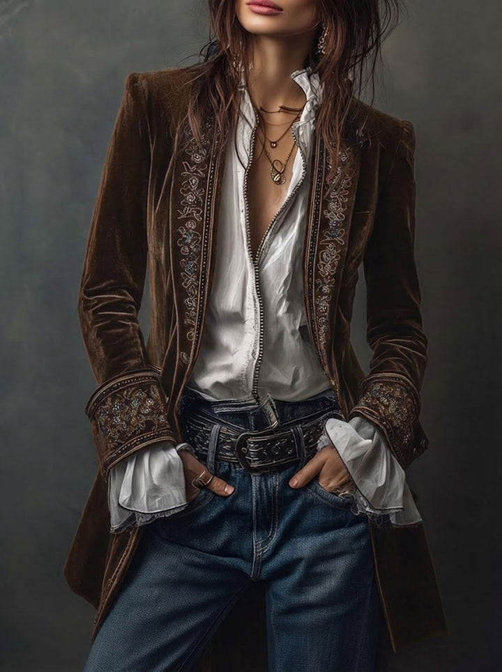 Federica™ | Giacca Lunga Vintage in Velluto Blu Navy con Ricami