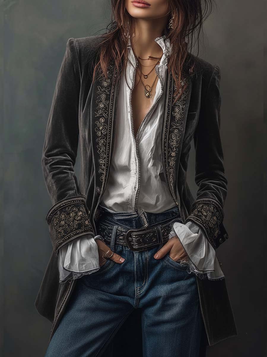 Federica™ | Giacca Lunga Vintage in Velluto Blu Navy con Ricami