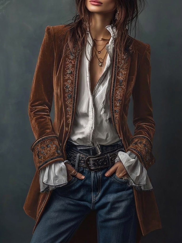 Federica™ | Giacca Lunga Vintage in Velluto Blu Navy con Ricami